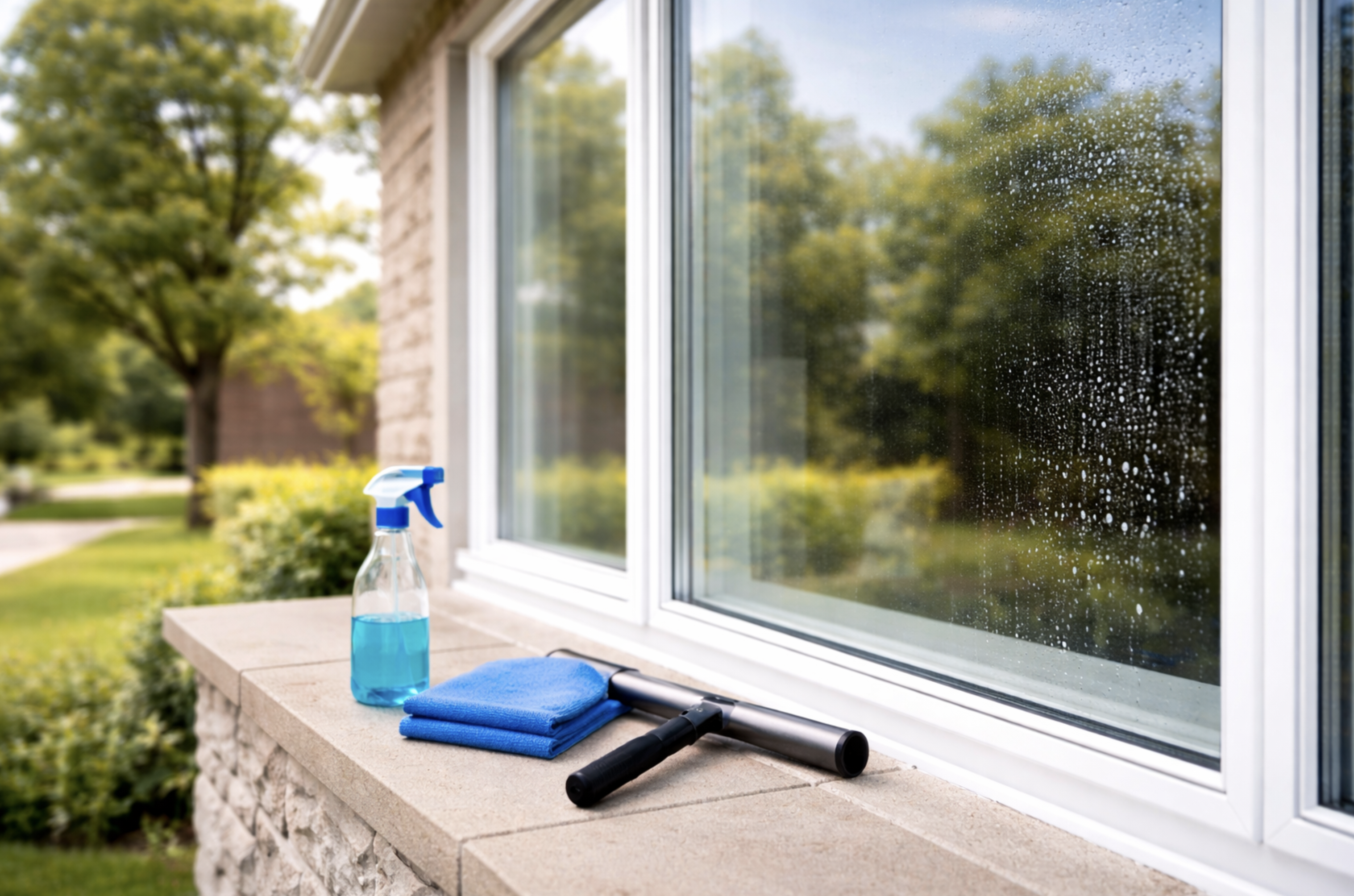 Professional window cleaner using a squeegee on a residential window